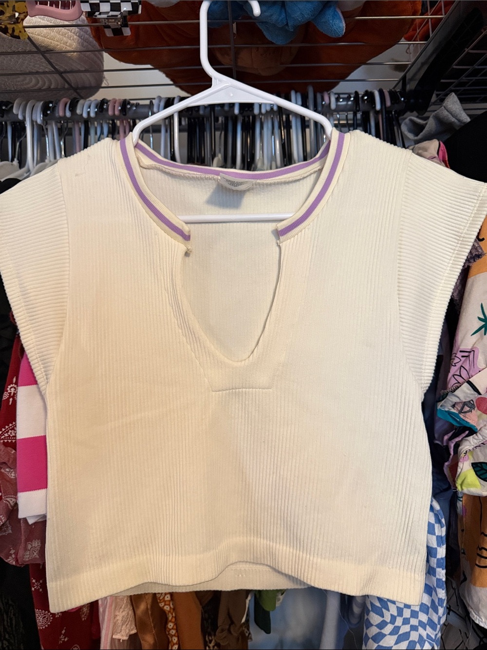 Cream Ribbed Cap Sleeve Top with Lilac Trim